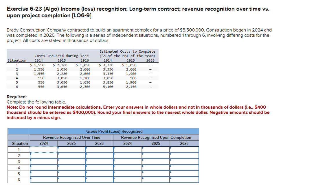 Exercise 6-23(Algo) Income (loss) recognition; Long-term contract; revenue recognition over time
