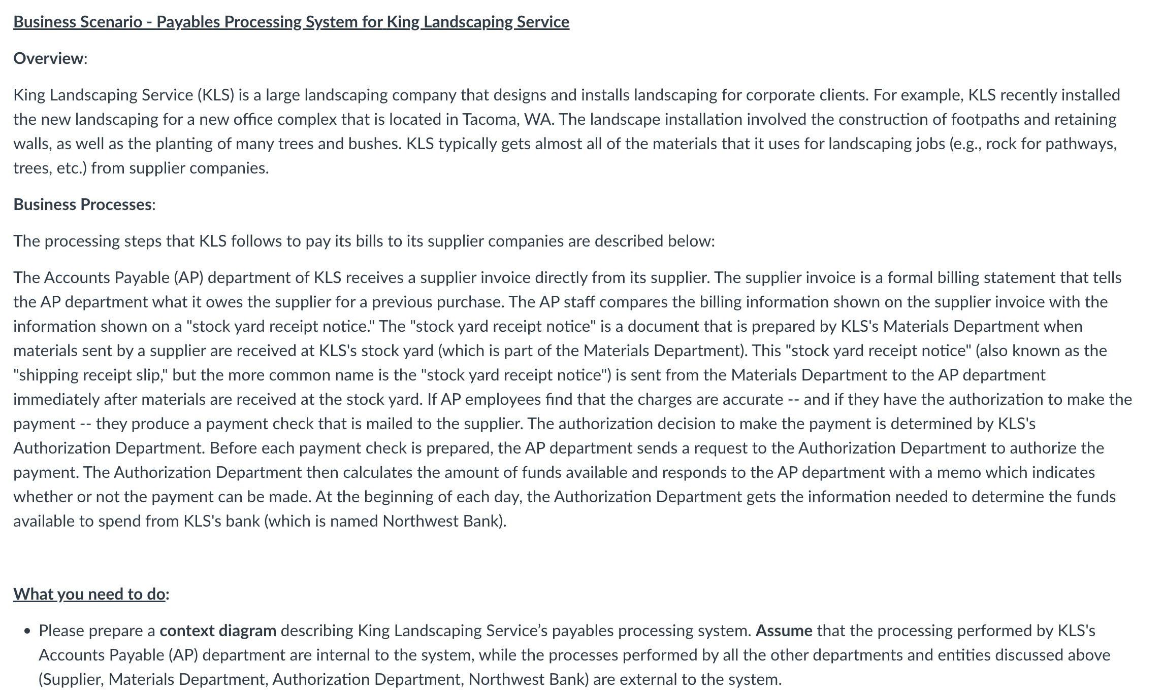  Business Scenario - Payables Processing System for King Landscaping Service Overview: