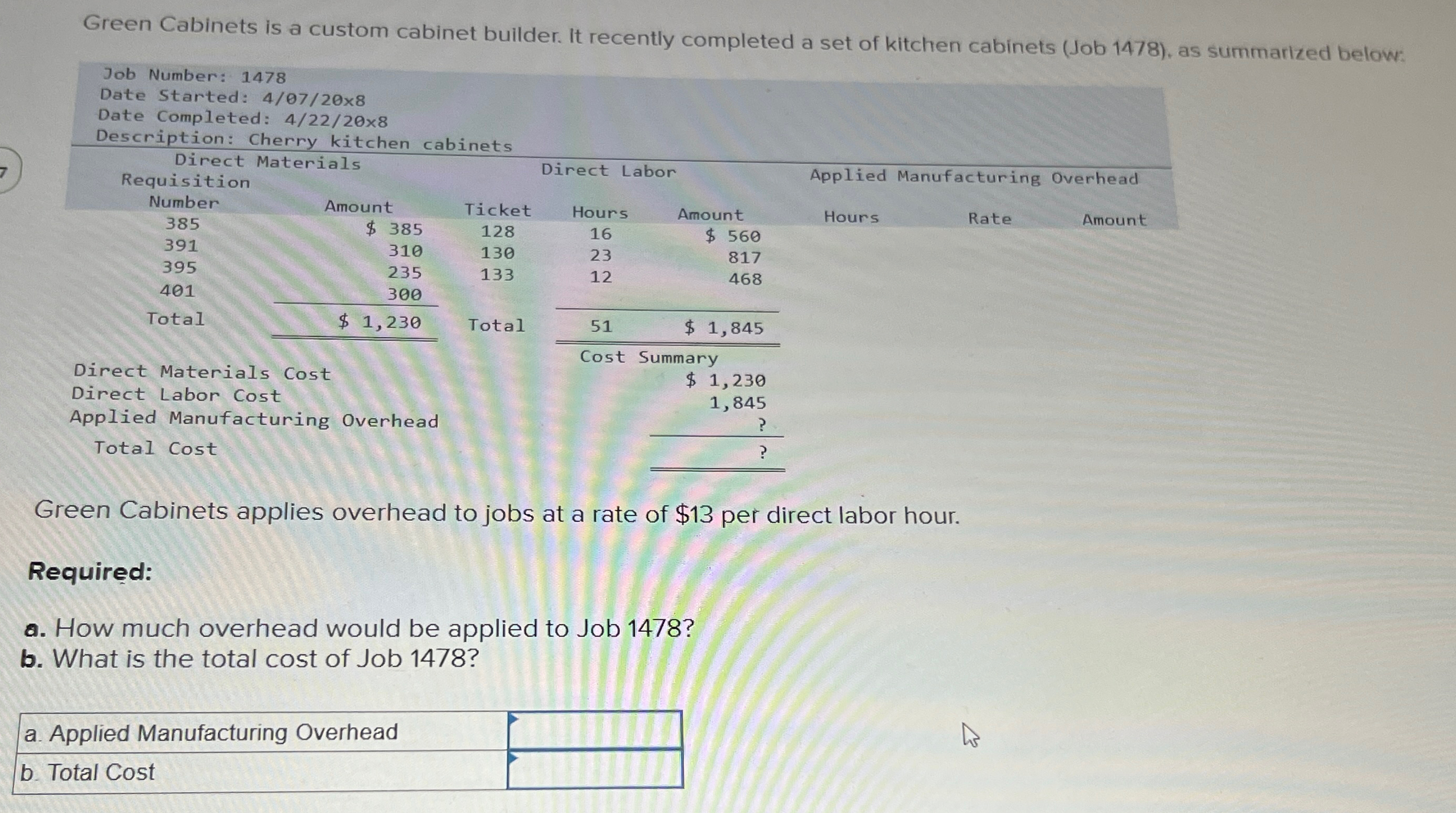 set of kitchen cabinets (Job 1478), as summarized below: Green Cabinets applies