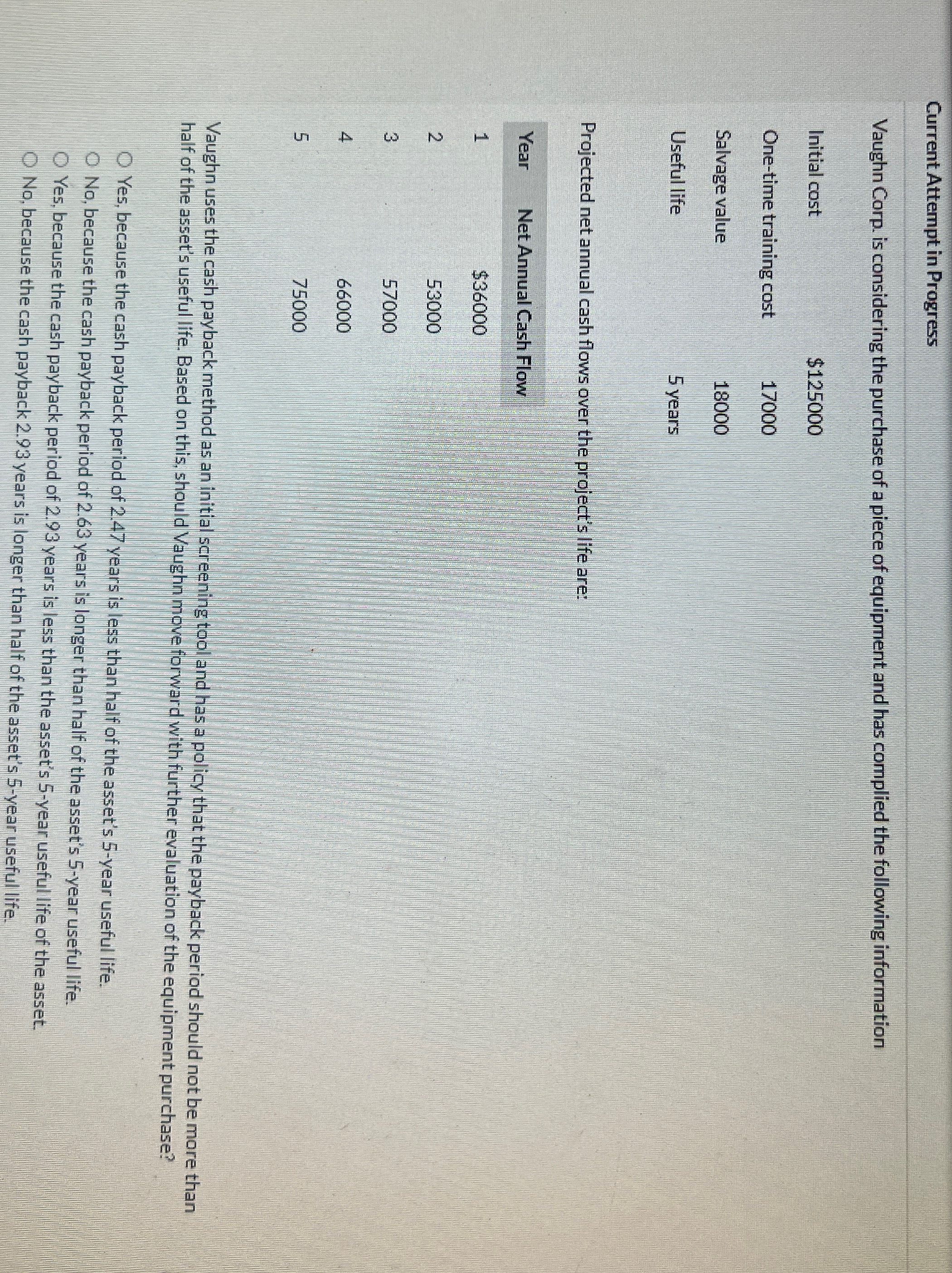a piece of equipment and has complied the following information \table[[Initial cost,$125000