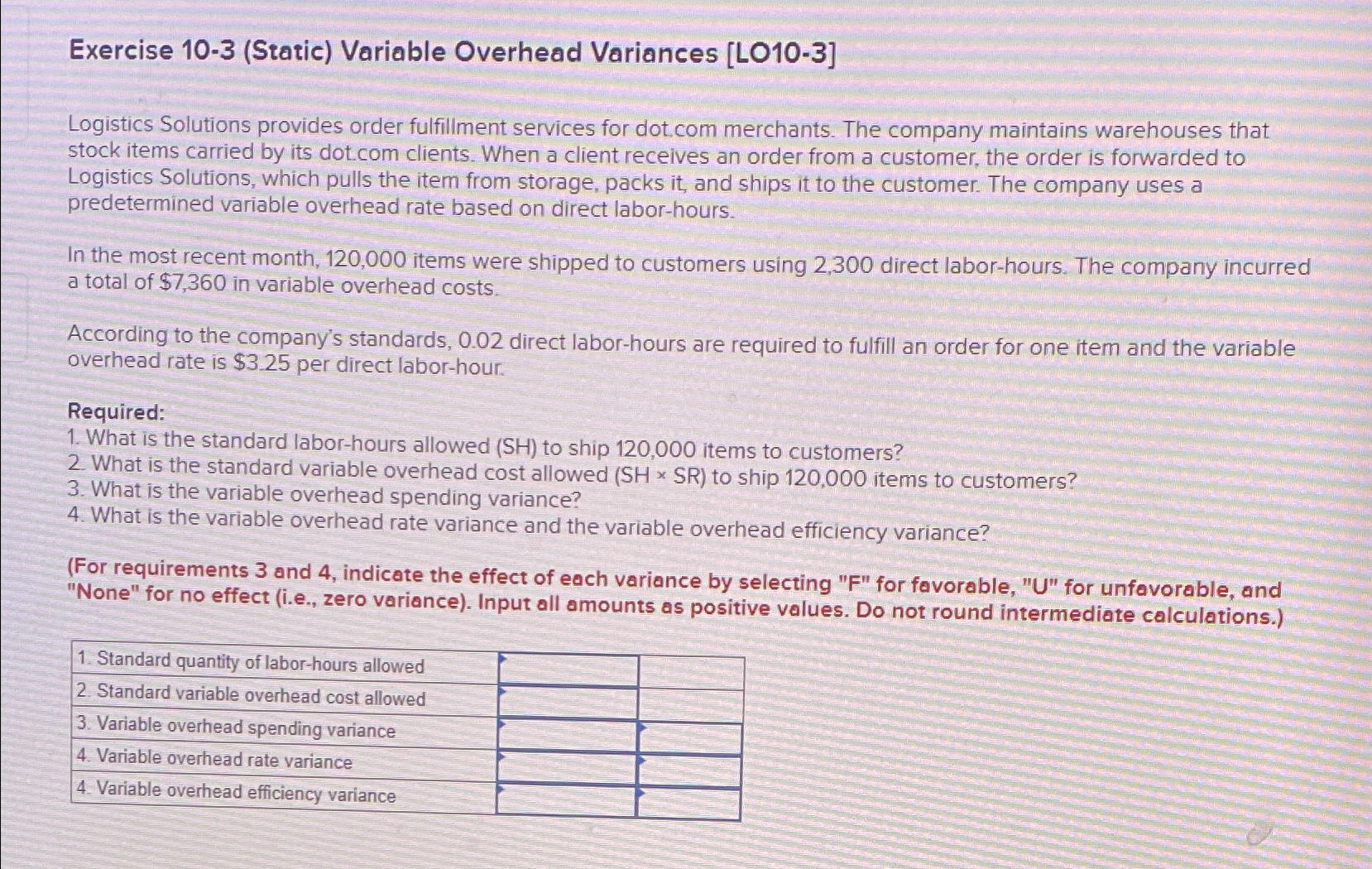  Exercise 10-3(Static) Variable Overhead Variances [LO10-3] Logistics Solutions provides order fulfillment