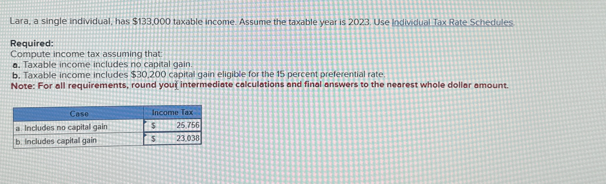 Lara, a single individual, has $133,000 taxable income. Assume the taxable