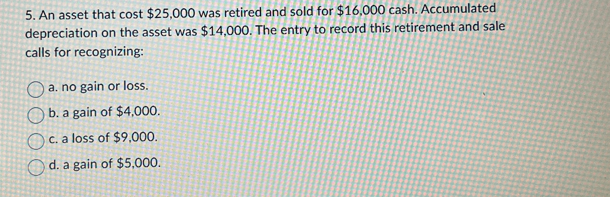 cash. Accumulated depreciation on the asset was $14,000. The entry to record