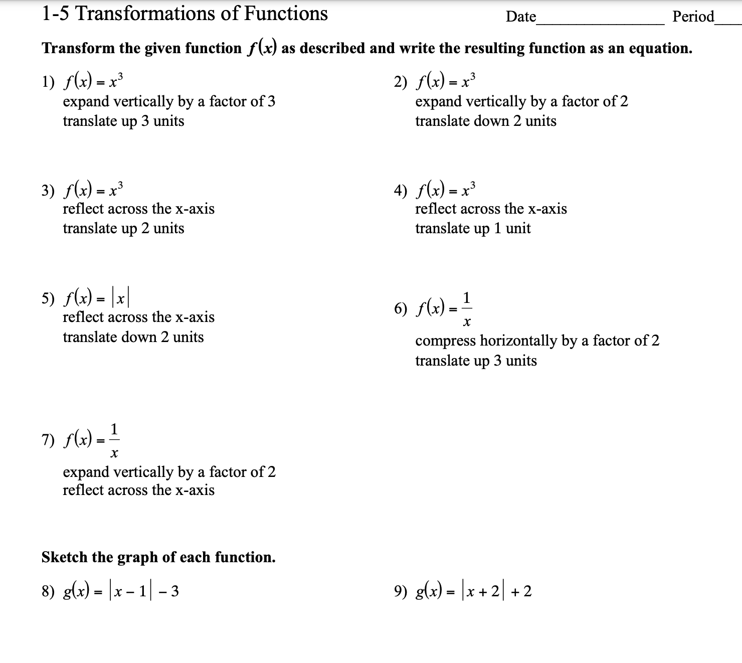  1-5 Transformations of Functions Date Period Transform the given function f(x)