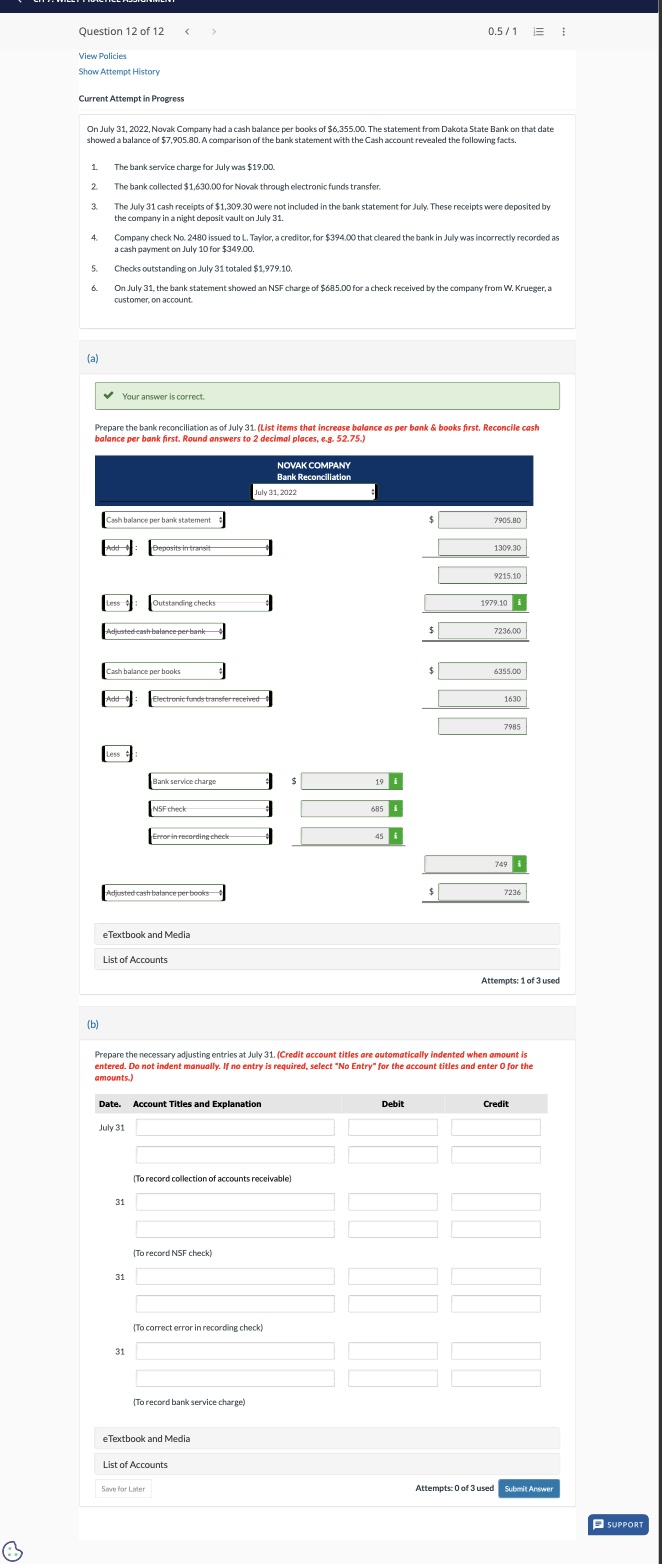 cash balance per books of $6,355.00. The statement from Dakota State Bank