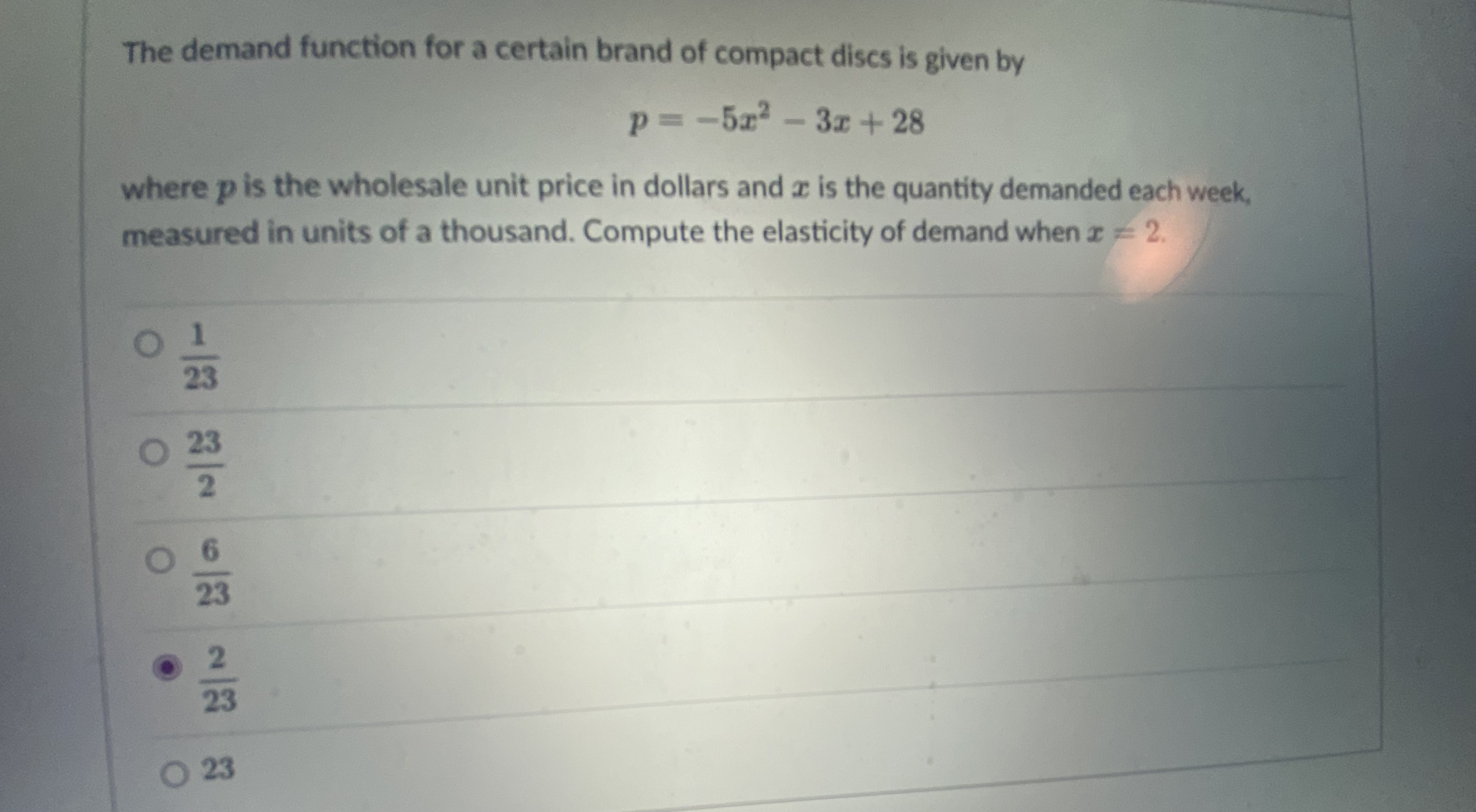 wholesale unit price in dollars and a is the quantity demanded each