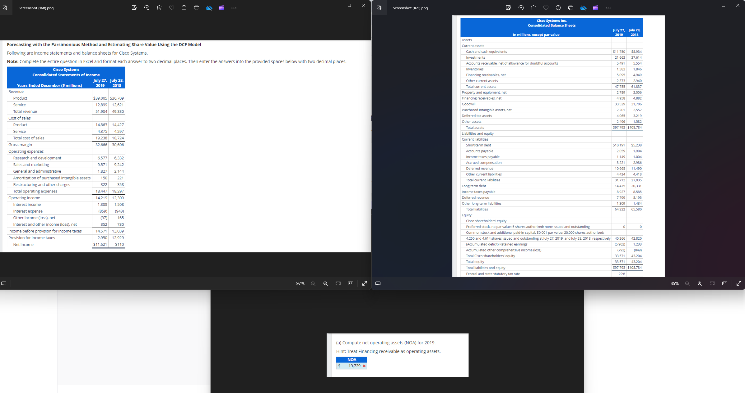 DCF Model Following are income statements and balance sheets for Cisco Systems.