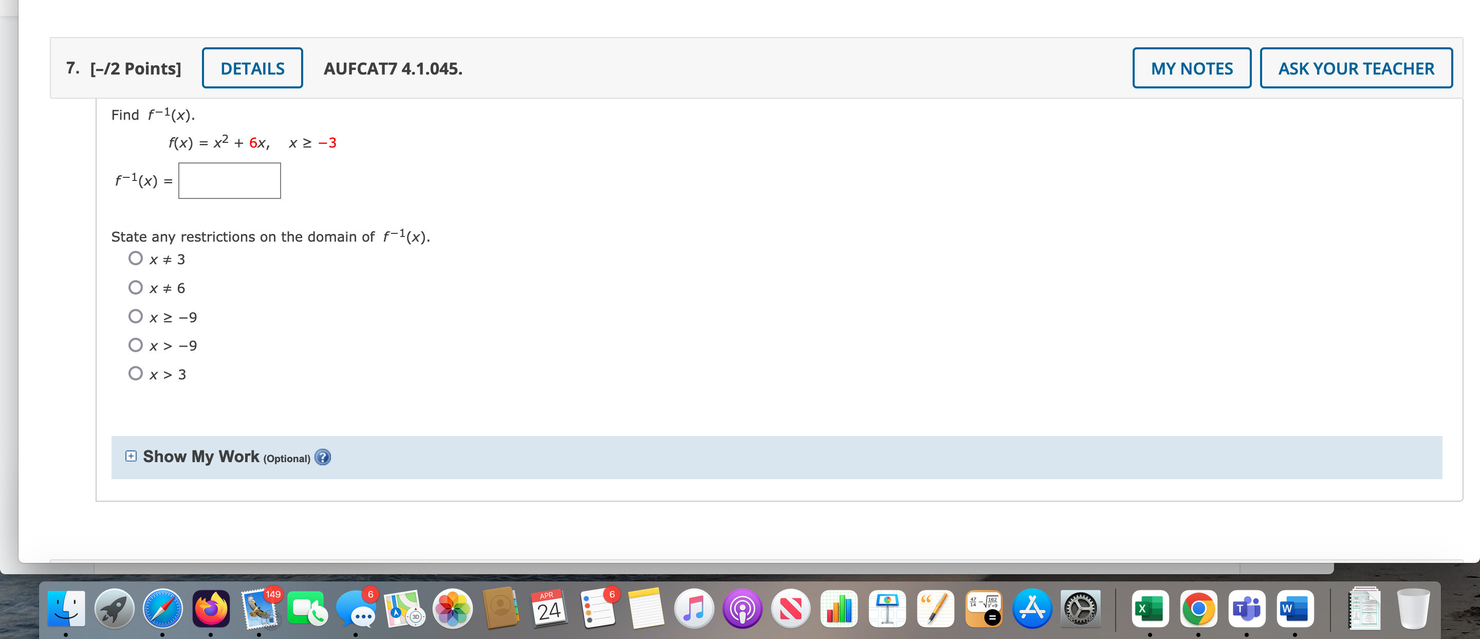 [-/2 Points] DETAILS AUFCAT7 4.1.039. MY NOTES ASK YOUR TEACHER Find f-1(x).