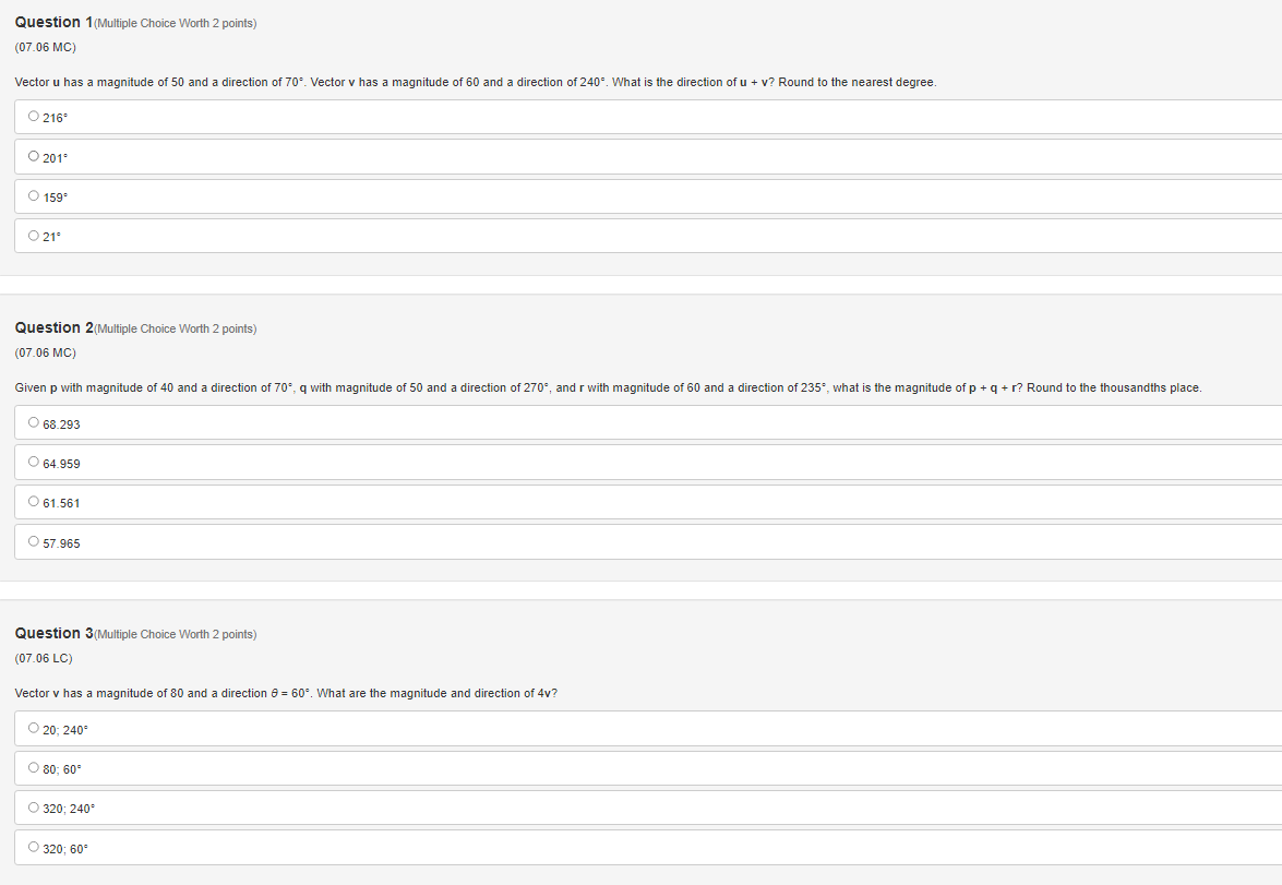 Question 1(Multiple Choice Worth 2 points) (07.06 MC) Vector u has