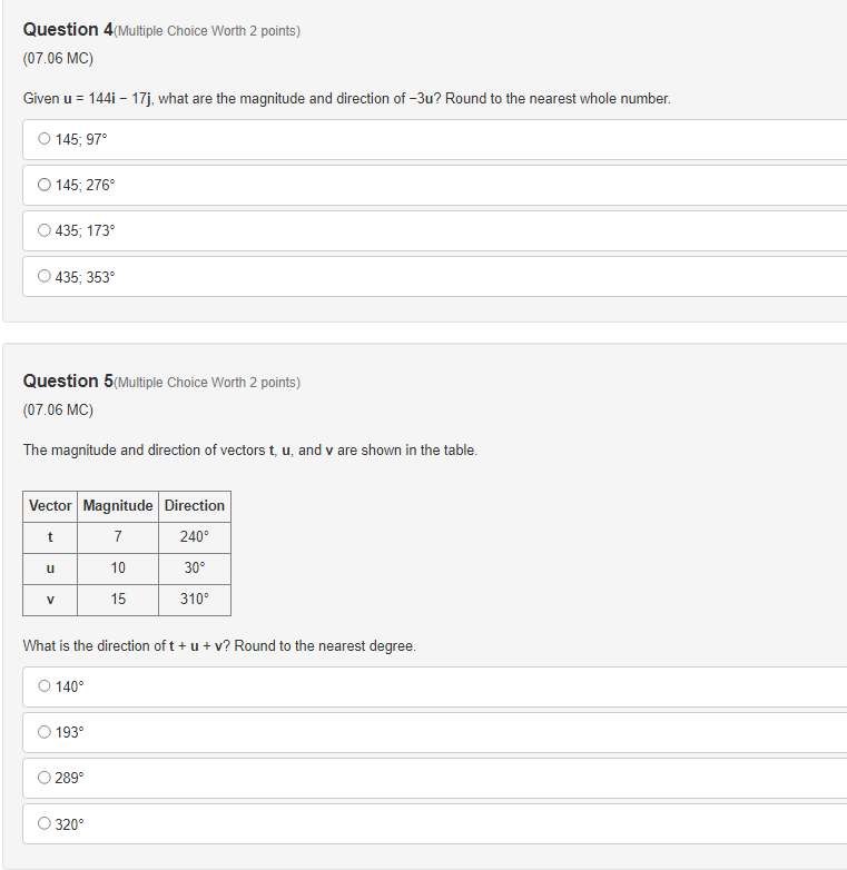 direction of u + v? Round to the nearest degree. O 216: