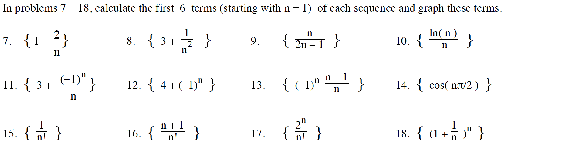 6 terms (starting with n = 1) of each sequence and graph