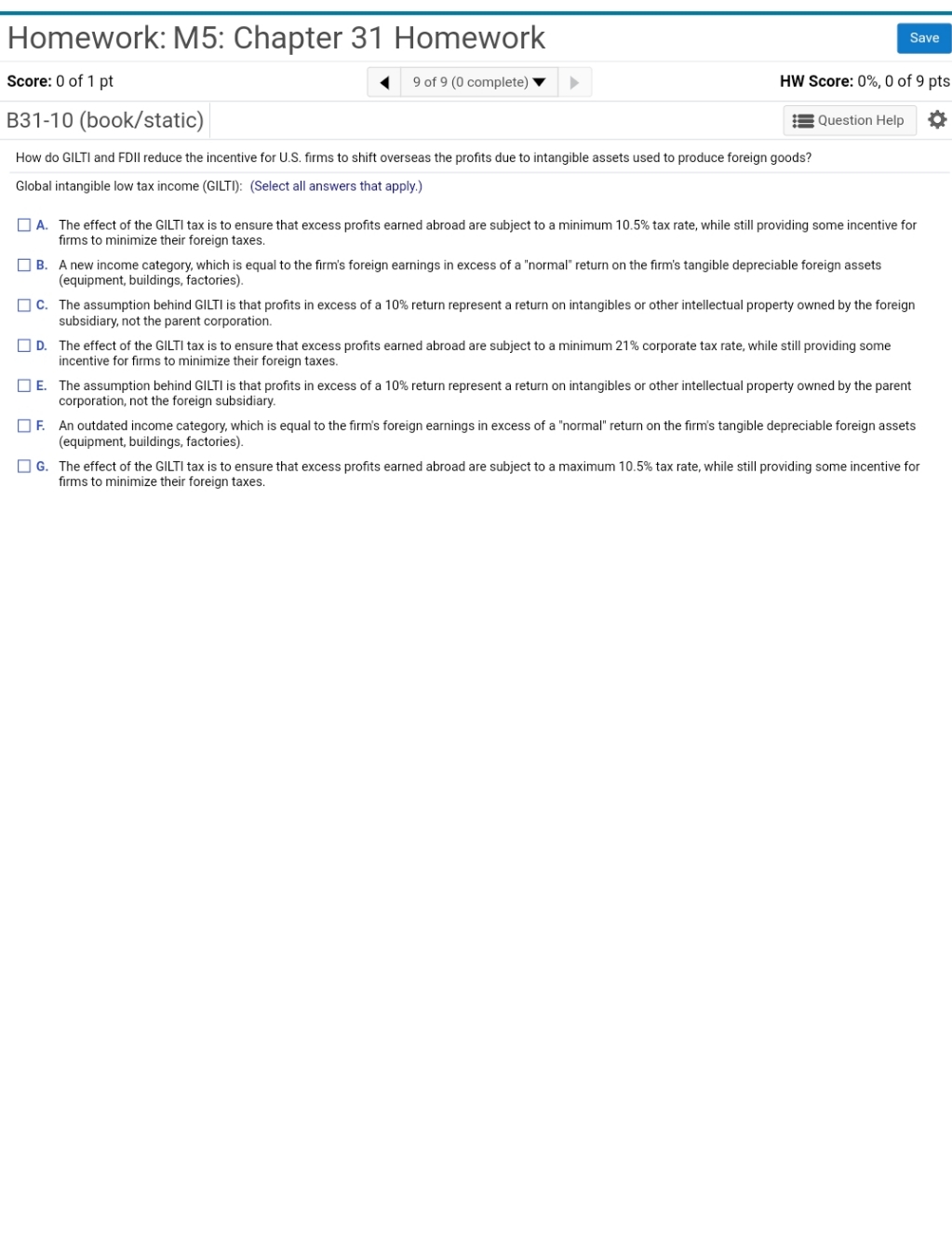  Select all that Apply Homework: M5: Chapter 31 Homework Save Score: