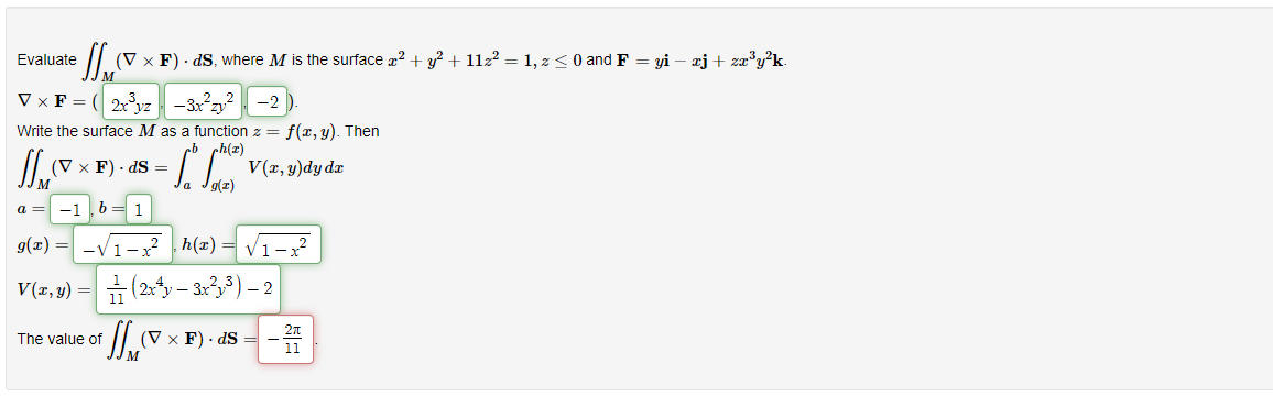Evaluate / (V x F) . dS, where M is the