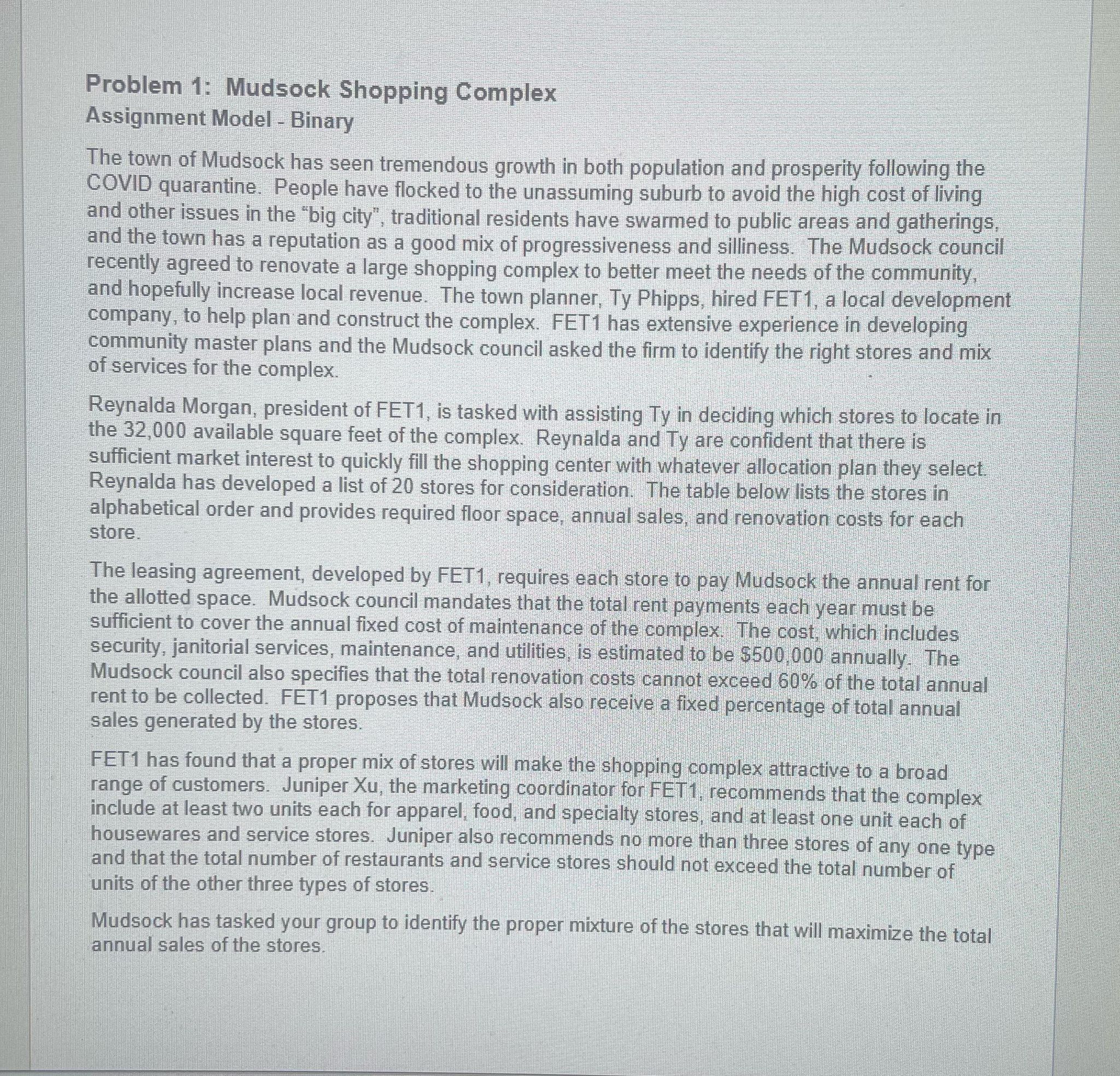  please use excel Problem 1: Mudsock Shopping Complex Assignment Model -