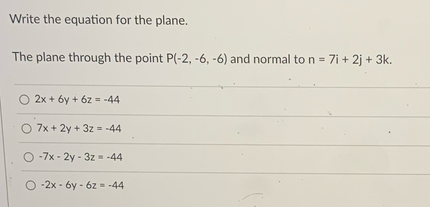  Write the equation for the plane. The plane through the point