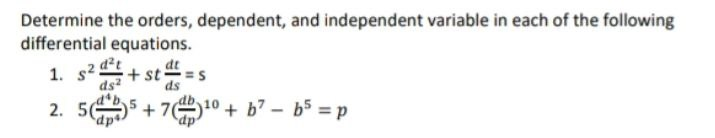 dependent, and independent variable in each of the following differential equations. 1.