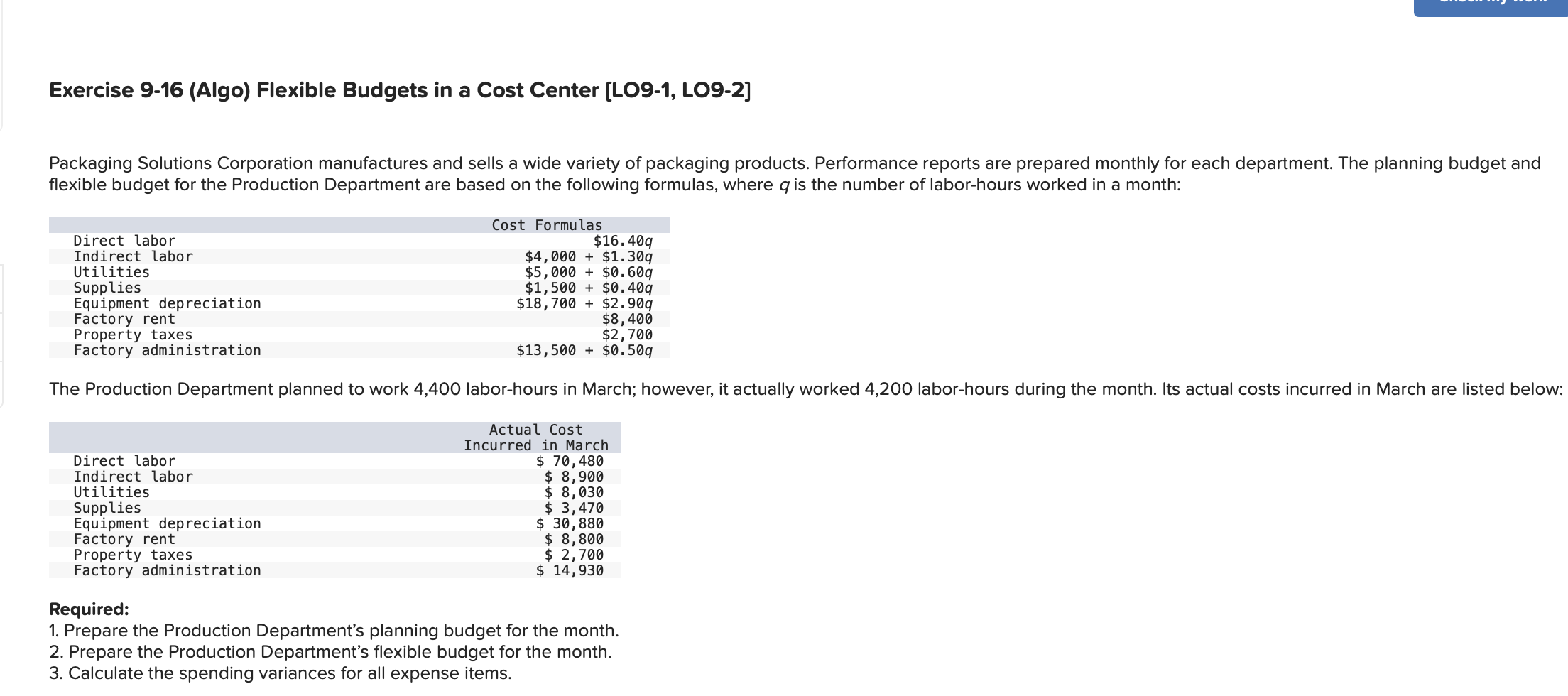  Exercise 9-16(Algo) Flexible Budgets in a Cost Center [L09-1, LO9-2] Packaging