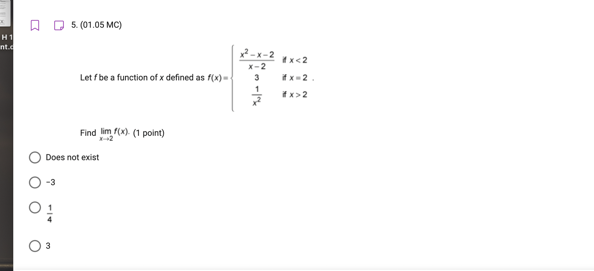 The limit exists and is equal to 0. O The limit exists