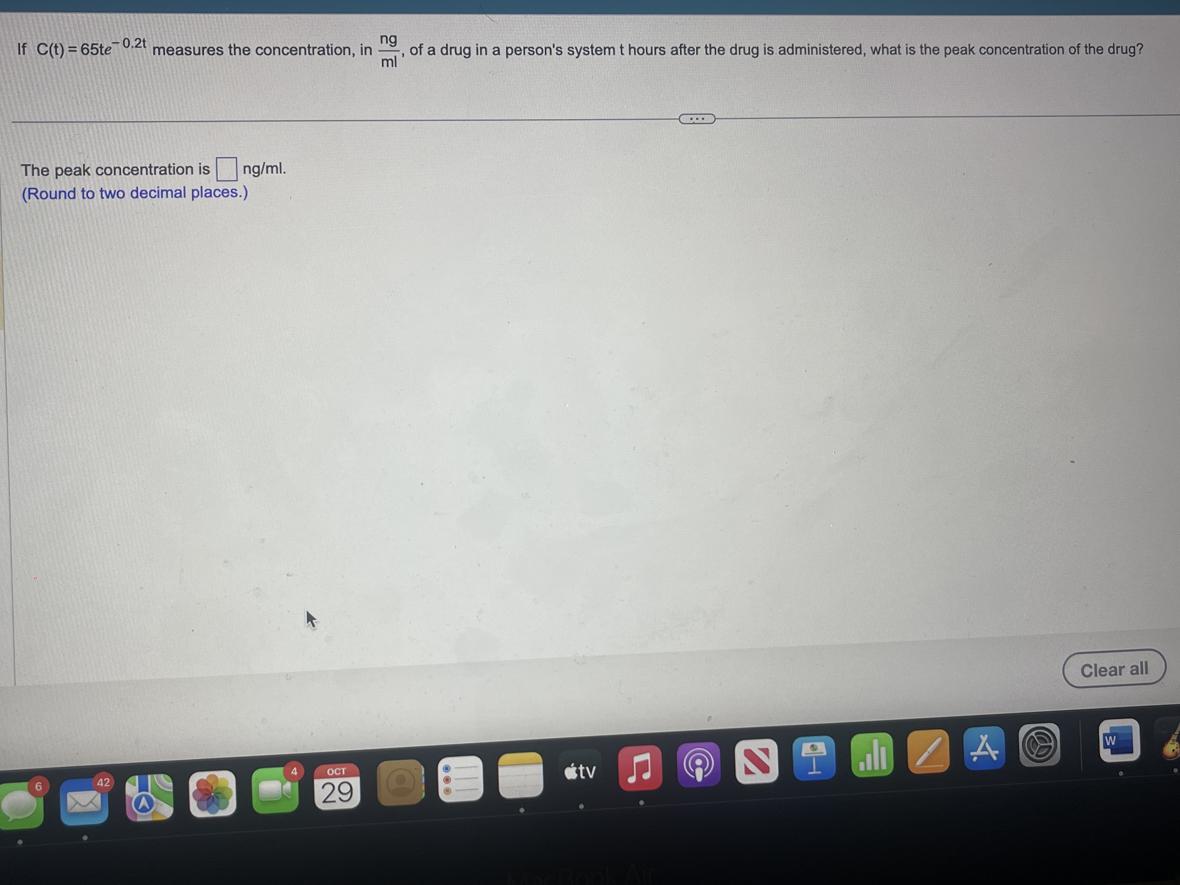 If C(t) = 65te - measures the concentration, in -, of