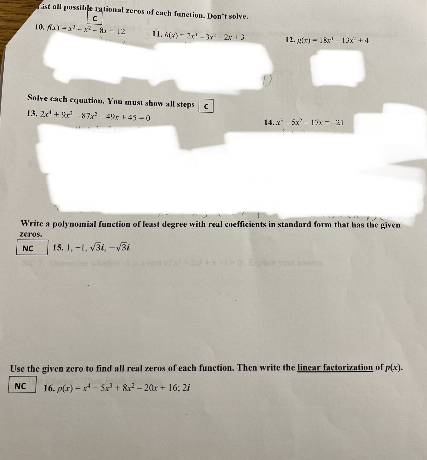  List all possible rational zeros of each function. Don't solve. C