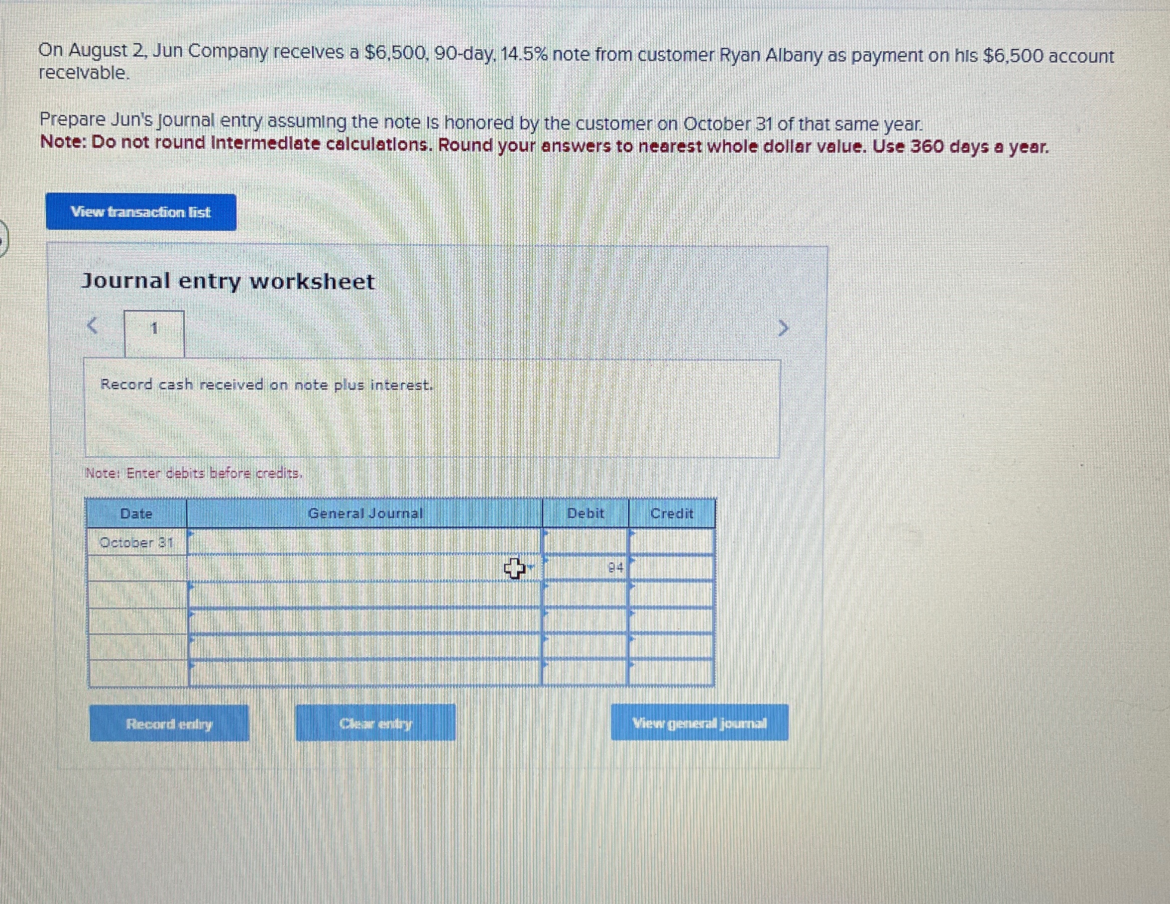 customer Ryan Albany as payment on his $6,500 account recelvable. Prepare Jun's