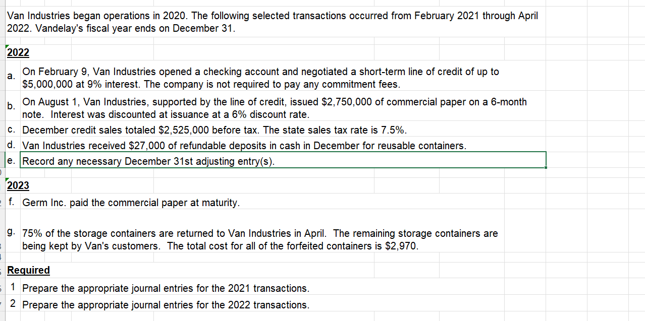  Van Industries began operations in 2020. The following selected transactions occurred