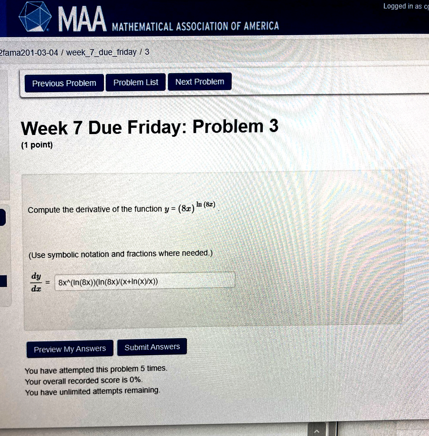 much! :) WORK MAA Logged in as cgro10 MATHEMATICAL ASSOCIATION OF AMERICA