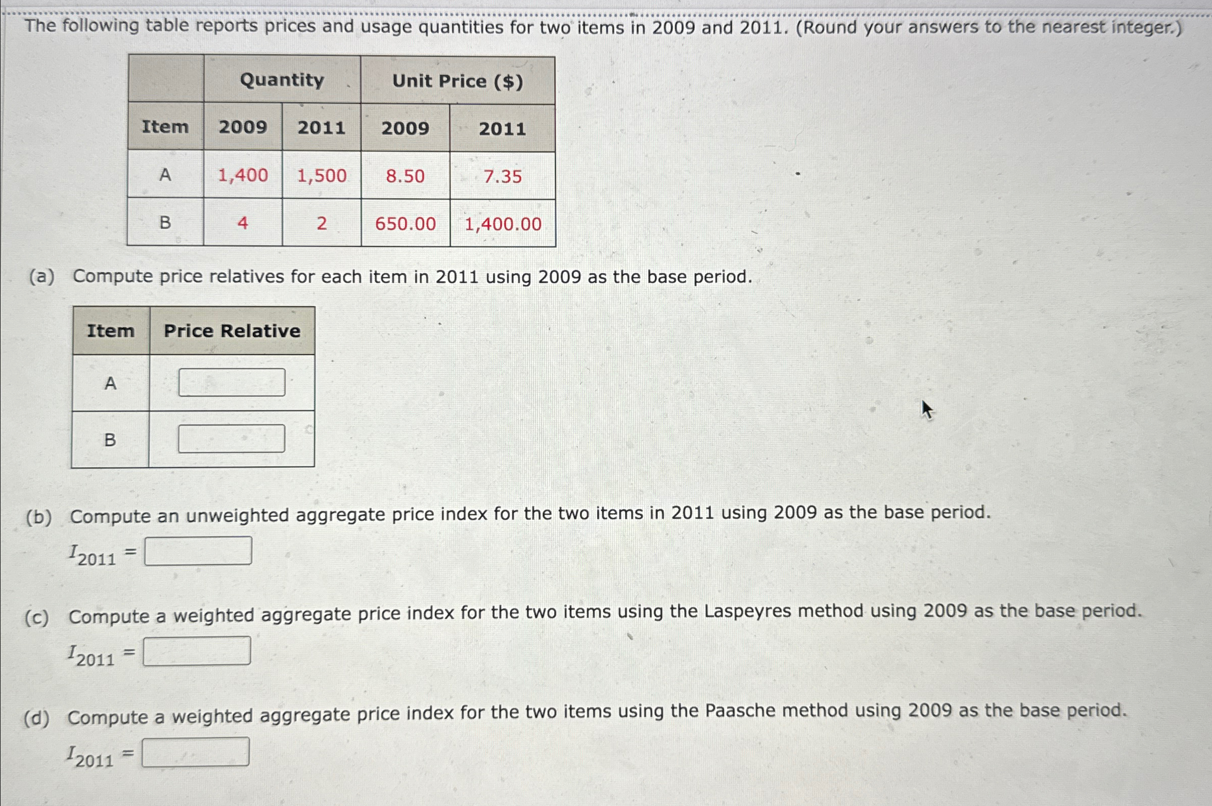 The following table reports prices and usage quantities for two items