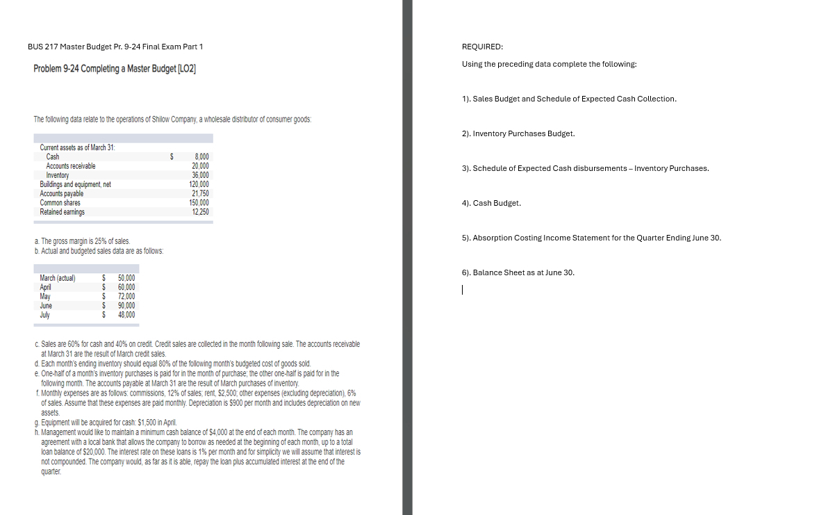 BUS 217 Master Budget Pr. 9-24 Final Exam Part 1 Problem 9-24