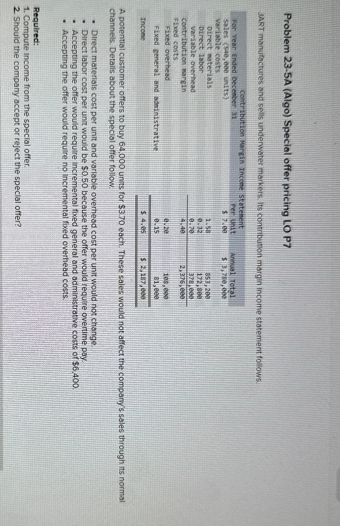 sells underwater markers. Its contribution margin income statement follows. A potentlal customer