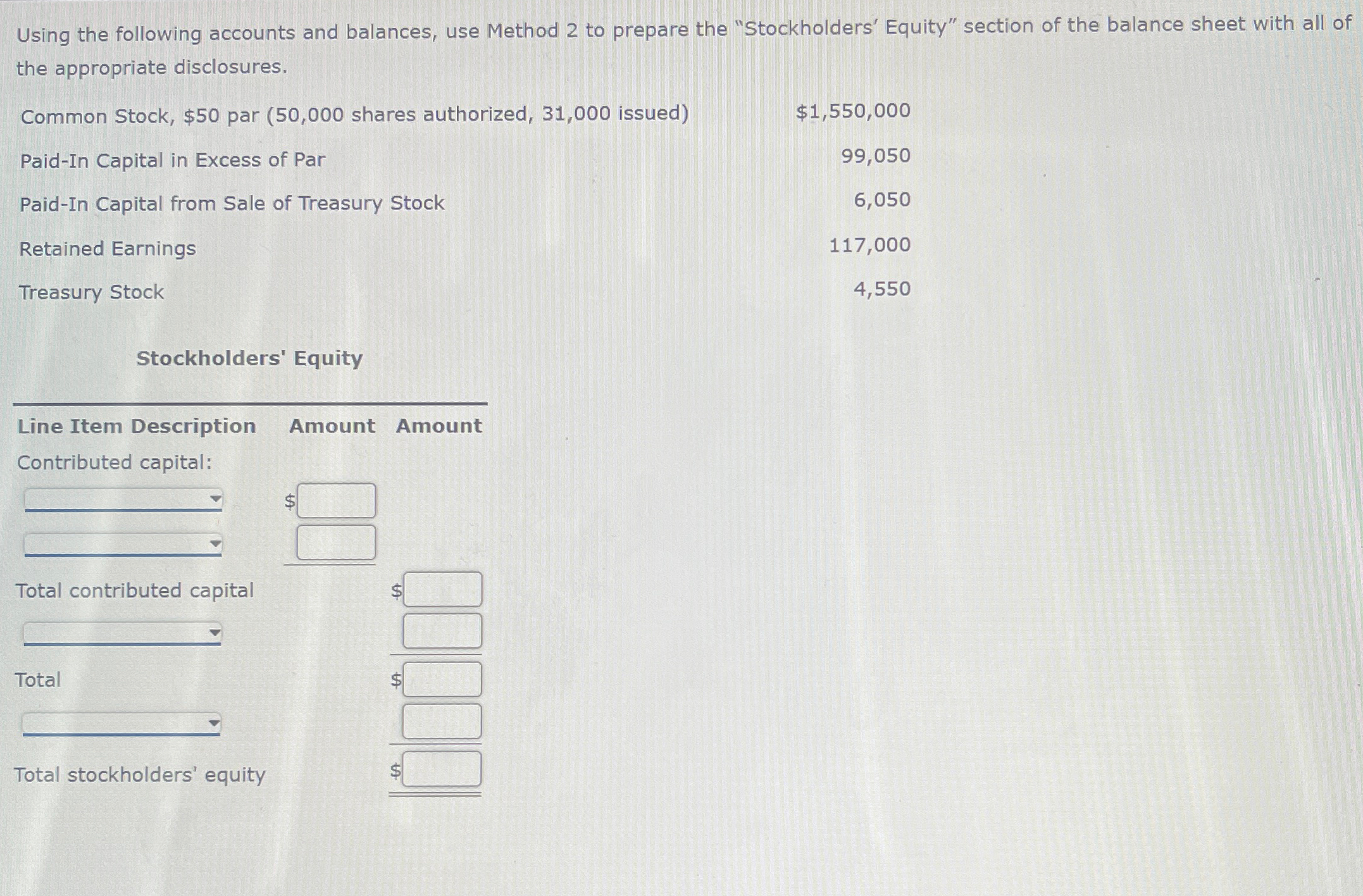 Using the following accounts and balances, use Method 2 to prepare