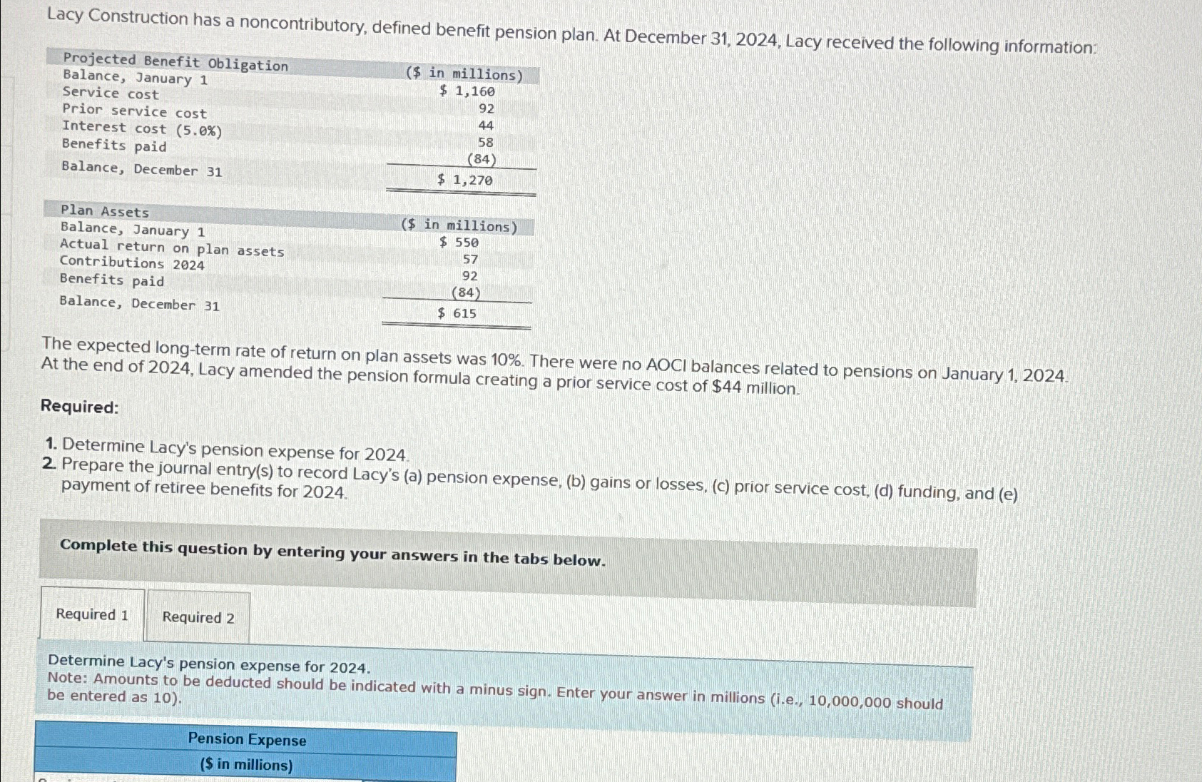 Lacy Construction has a noncontributory, defined benefit pension plan. At December