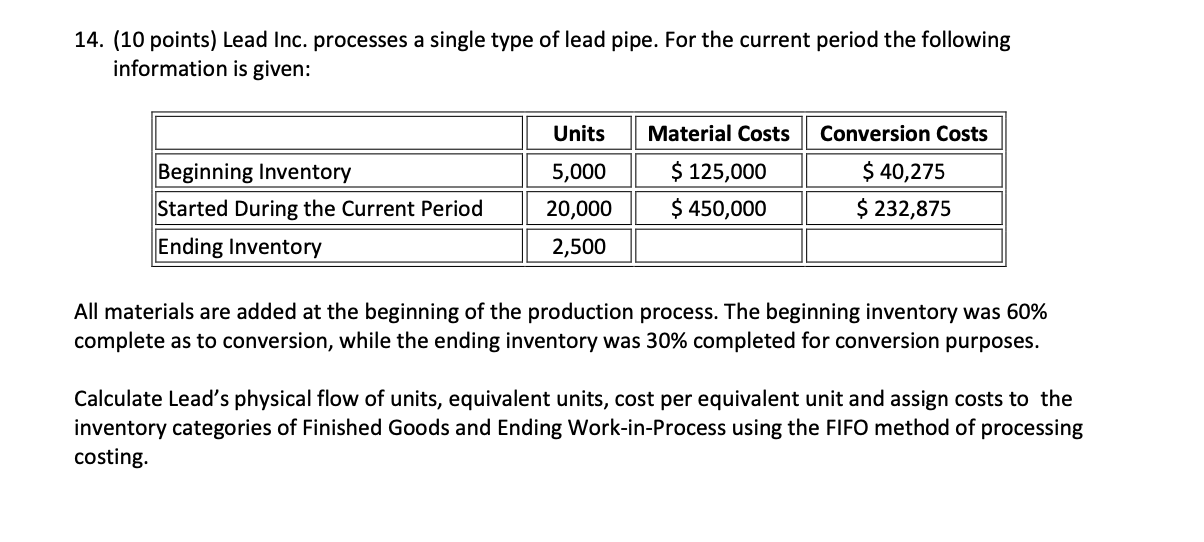  (10 points) Lead Inc. processes a single type of lead pipe.