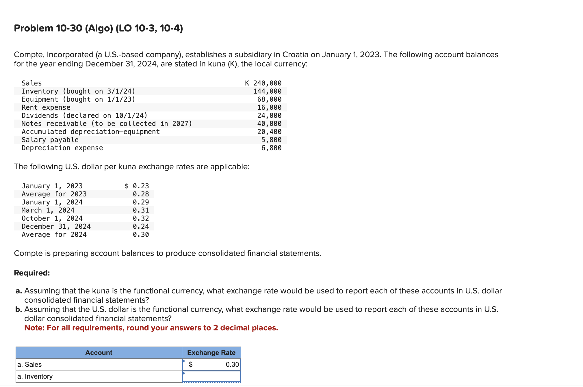 Problem 10-30(Algo)(LO 10-3,10-4) Compte, Incorporated (a U.S.-based company), establishes a subsidiary