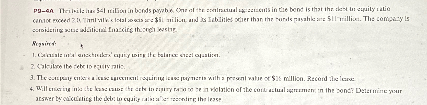 contractual agreements in the bond is that the debt to equity ratio