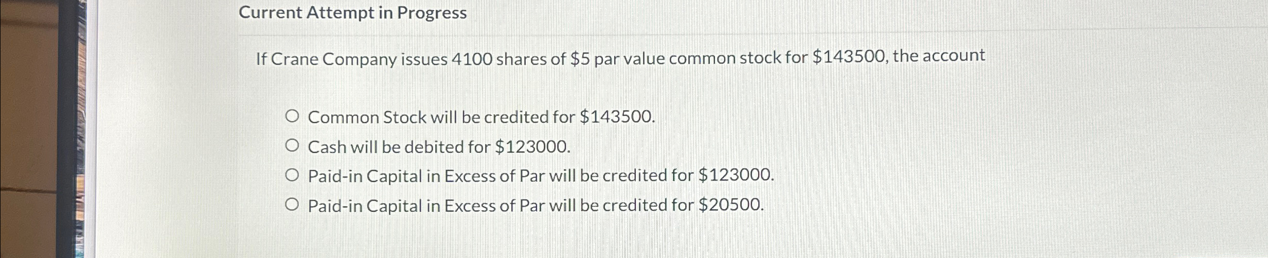 $5 par value common stock for $143500, the account Common Stock will