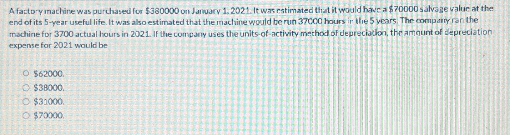  A factory machine was purchased for $380000 on January 1,2021. It