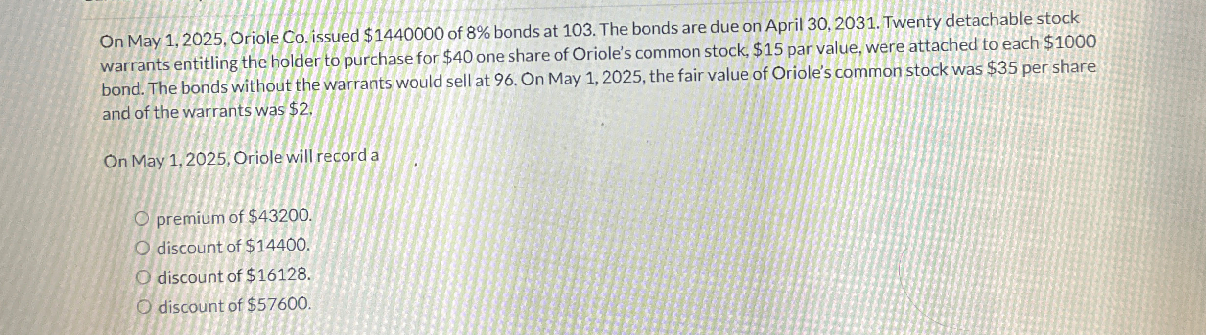 103. ?The bonds are due on April 30,2031. ?Twenty detachable stock warrants