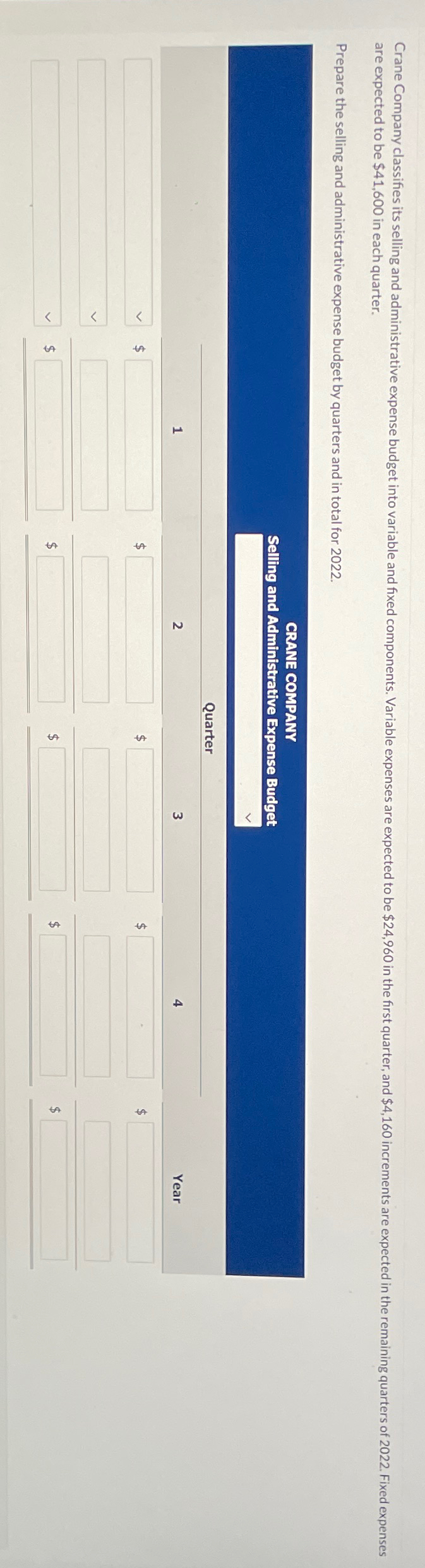 and administrative expense budget by quarters and in total for 2022. [