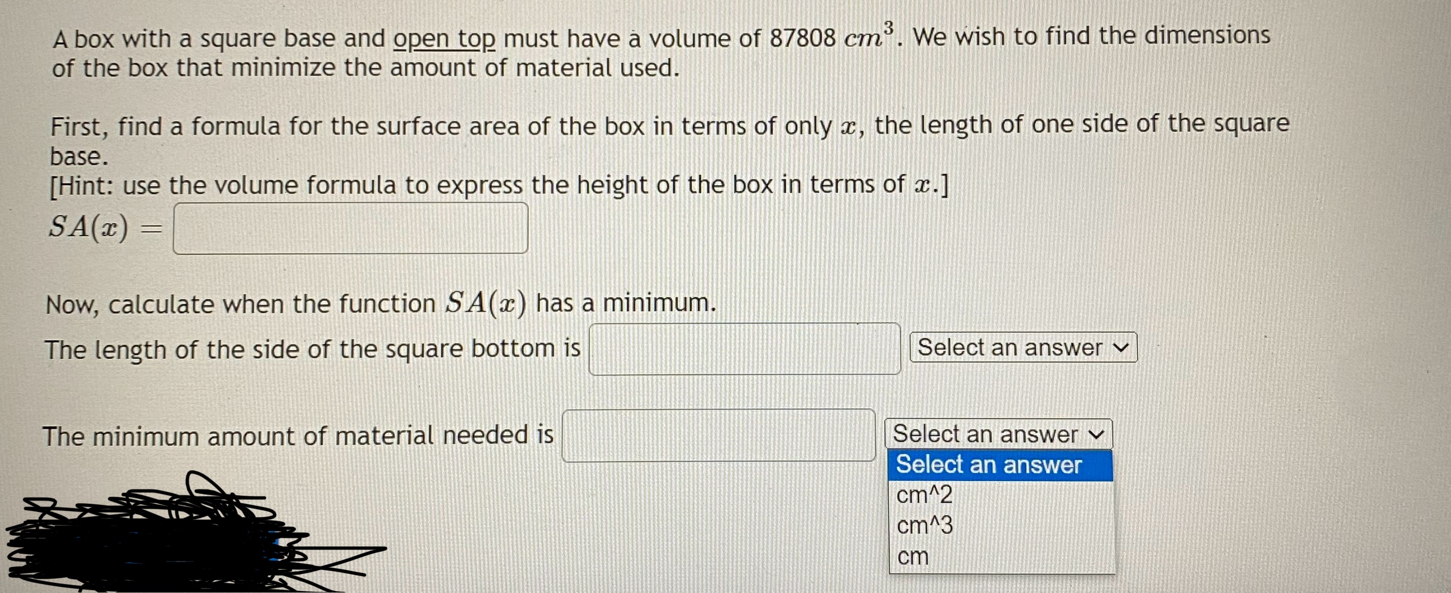 the volume formula to express the height of the box in terms