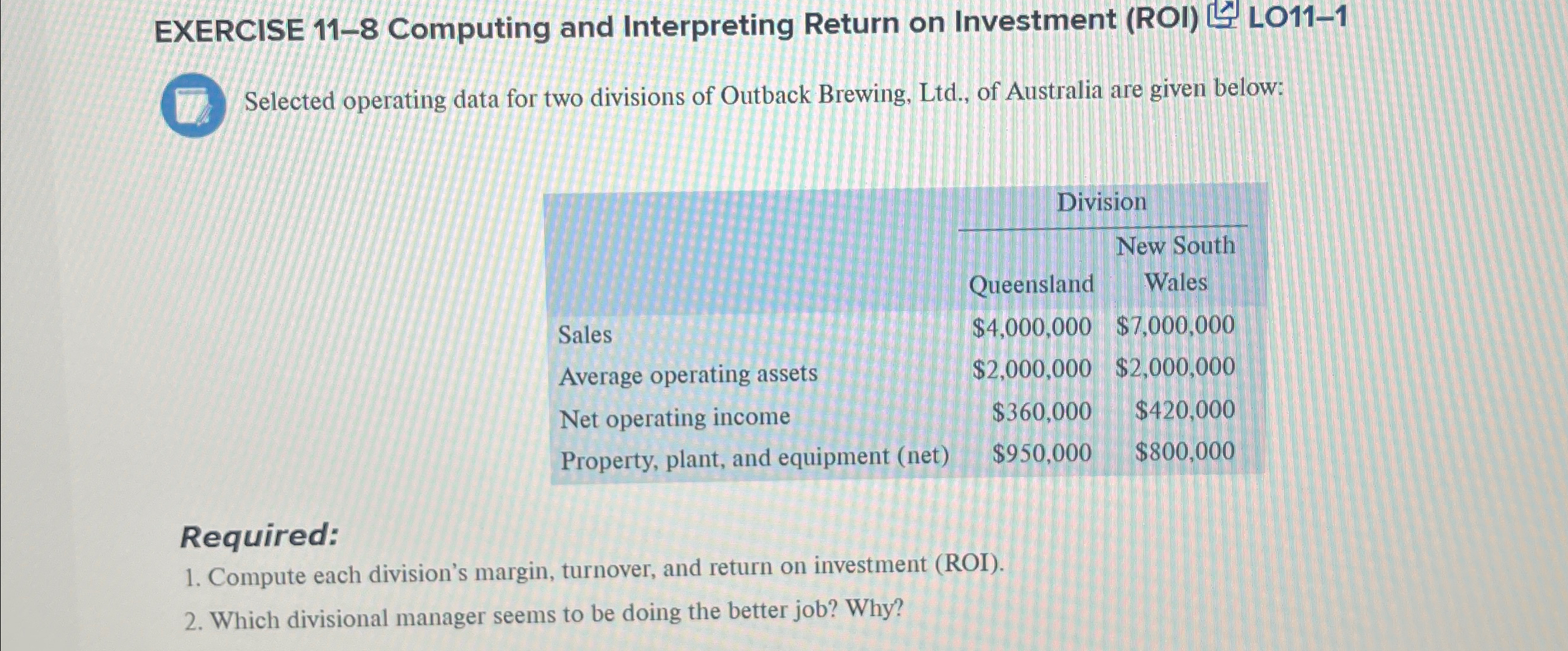  EXERCISE 11-8 Computing and Interpreting Return on Investment (ROI) LO11-1 Selected