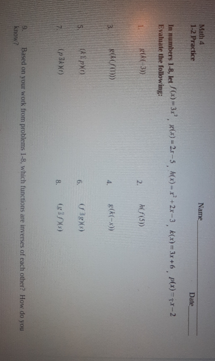 Math 4 Name 1-2 Practice Date In numbers 1-8, let /