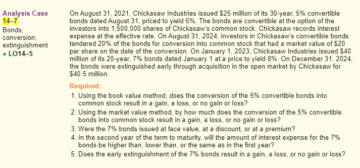 Analysis Case 14-7 Bonds; conversion; extinguishment LO14-5 On August 31,2021, Chickasaw