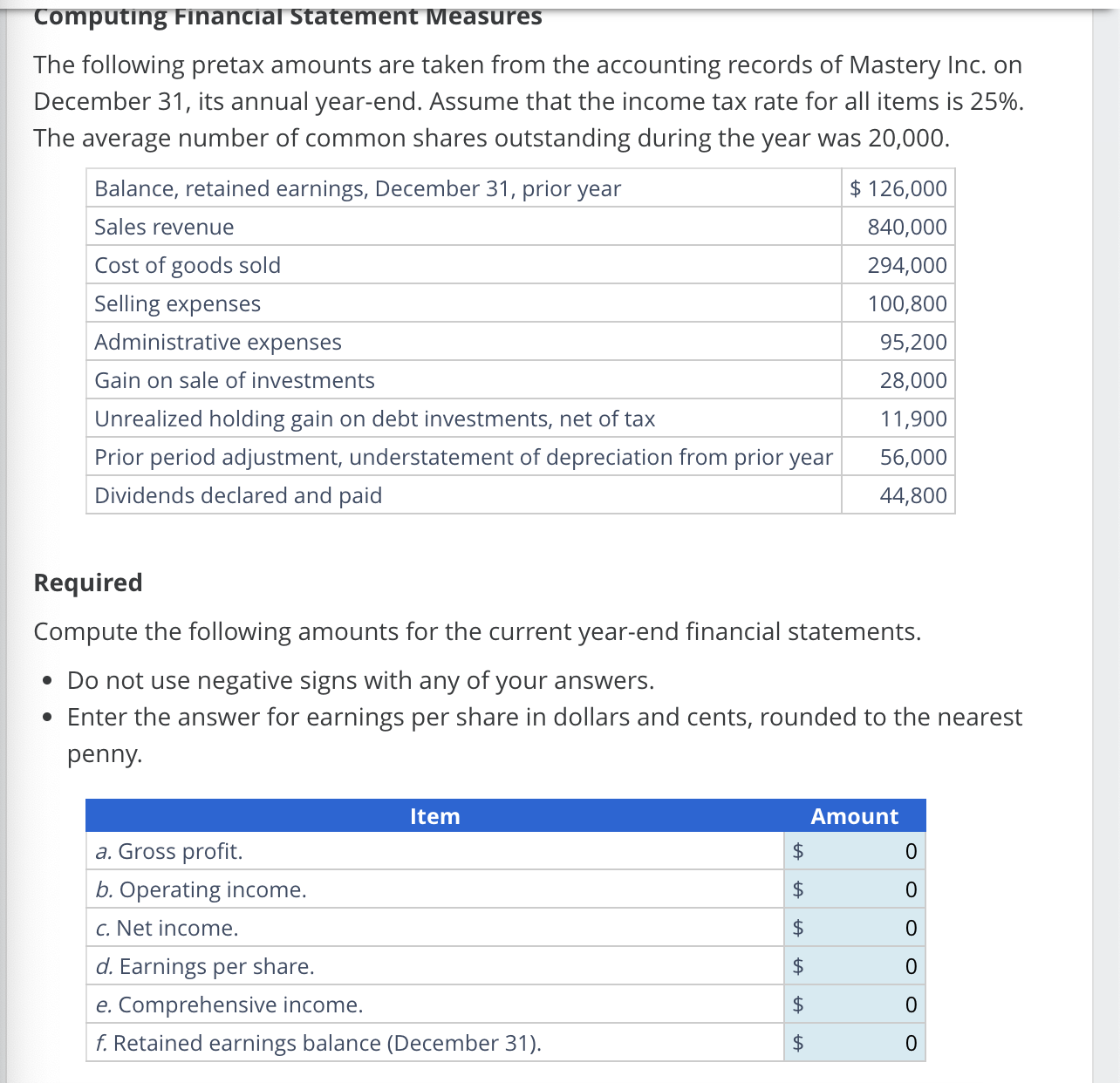 Computing Financial Statement Measures The following pretax amounts are taken from