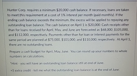  Hunter Corp. requires a minimum $20,000 cash balance. If necessary, loans