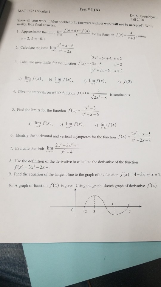  Test # 1 (A) MAT 1475 Calculus I Dr. A. Rozenblyum