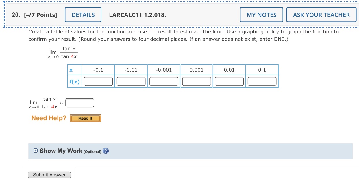  20. [-/7 Points] DETAILS LARCALC11 1.2.018. MY NOTES ASK YOUR TEACHER