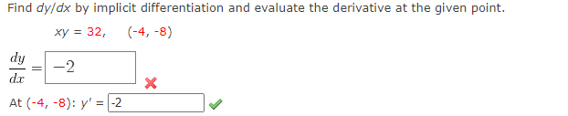 -8): y'= 1-2Find dy/dx by implicit differentiation and evaluate the derivative at