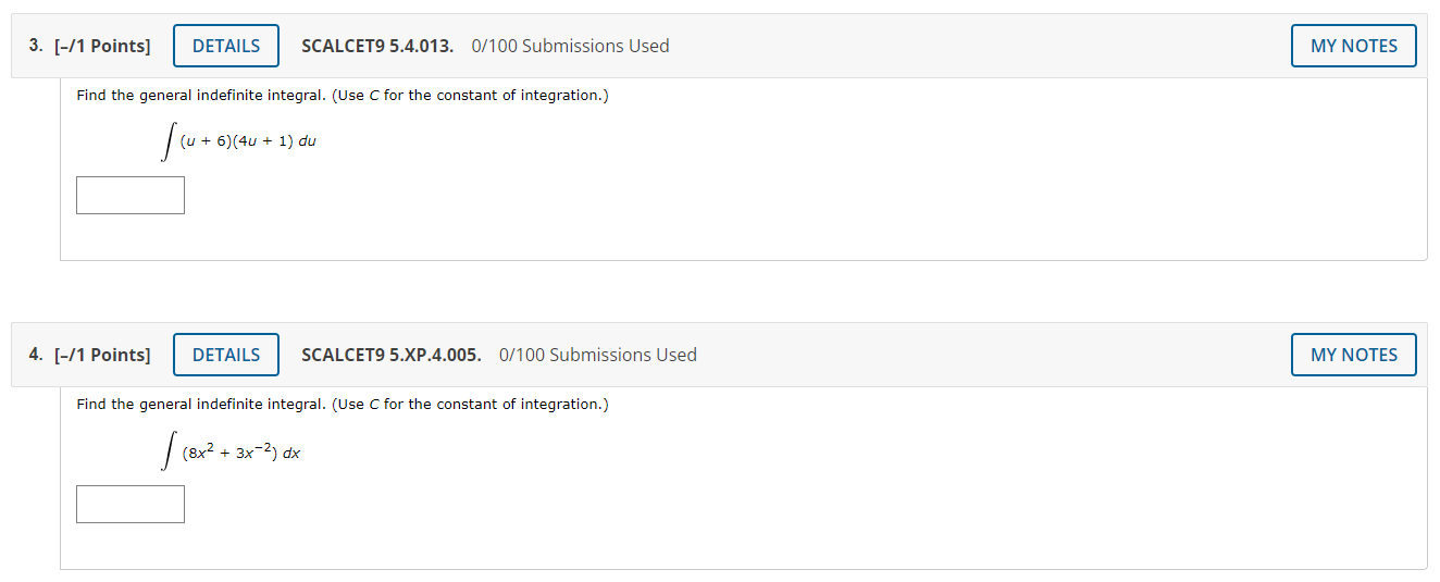 you! 1. [-/1 Points] DETAILS SCALCET9 5.4.010. 0/100 Submissions Used MY NOTES