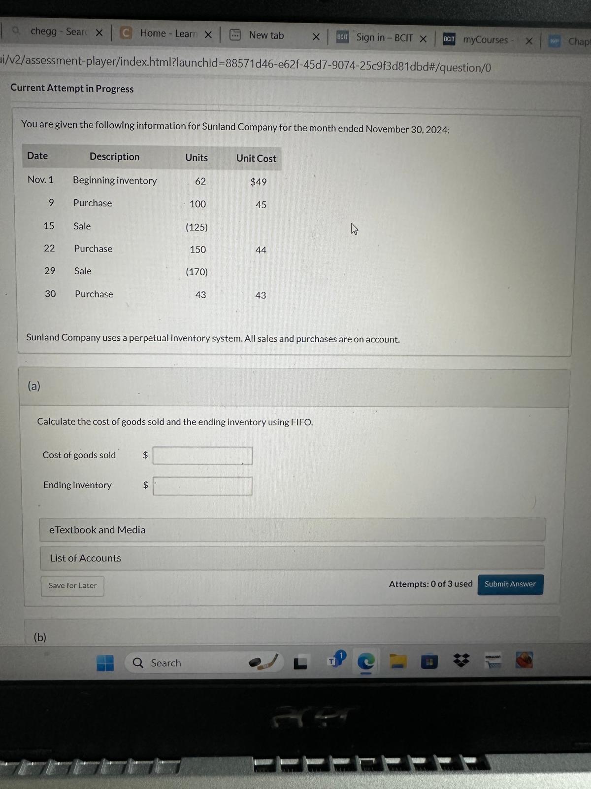 Sunland Company for the month ended November 30,2024: Sunland Company uses a